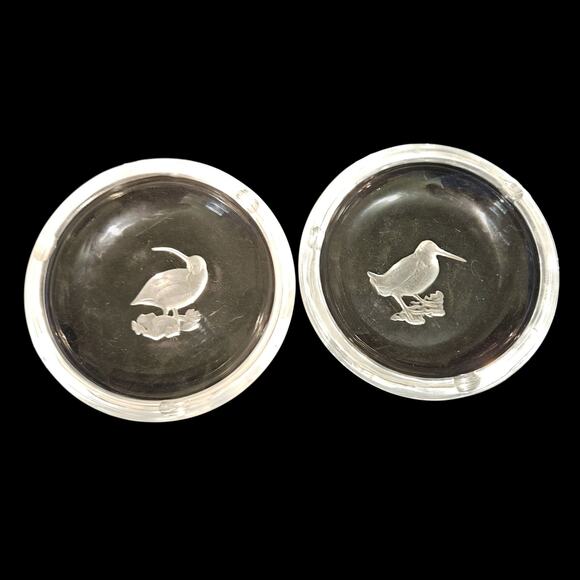 Pair Val St. Lambert Crystal Ashtrays 6" – Etched Shorebirds on Rock – Belgium - Picture 1 of 5